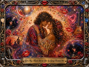 A romantic bohemian couple embraces at the center of a swirling music-filled fantasy, surrounded by vinyl records, roses, guitars, glowing hearts, red lips, and sparkling notes. Warm reds, golds, purples, and blues glow beneath theatrical light, while rich mixed-media textures and an ornate musical frame create a dreamy, passionate, nostalgic atmosphere.