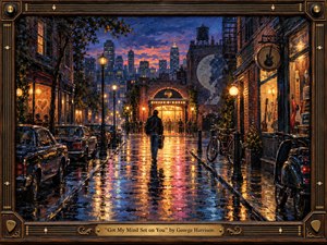 A lone figure walks down a rain-slicked city street toward a warmly glowing music club at dusk, surrounded by brick storefronts, guitars, parked cars, and reflected neon light. Rich blues, amber golds, and crimson highlights create an eager, romantic mood, rendered in textured, painterly detail within an ornate guitar-inspired wooden frame.