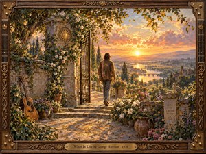 A lone figure walks through an ornate garden gate toward a radiant sunset over a peaceful river valley. Warm gold, amber, and rose light illuminate stone paths, flowers, cypress trees, and distant hills. Rich painterly textures, carved wood framing, guitar details, and floral ornament create a hopeful, reflective, handcrafted atmosphere.