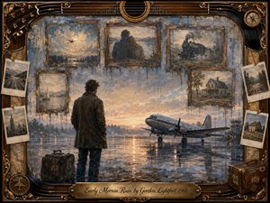 A solitary traveler stands beside a weathered suitcase on a rain-soaked airport runway as a vintage propeller plane waits beneath a pale sunrise. Faded framed memories surround the scene, suggesting distance and longing. Muted blues, gray-golds, reflective pavement, textured oil-paint styling, and an ornate musical frame create wistful nostalgia.