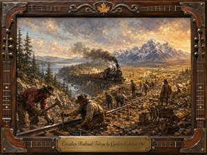 A sweeping oil-painted panorama shows rugged railway workers laying tracks as a steam locomotive crosses a trestle through forests, rivers, golden plains, and distant snowcapped mountains. Warm amber sunlight meets cool blue-gray shadows, creating a heroic yet reflective mood. An ornate wood-and-brass musical frame surrounds the richly textured historical scene.