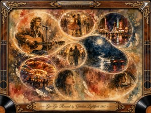 A nostalgic watercolor-and-oil collage unfolds within an ornate rosewood and gold music-themed frame. Glowing circular memories trace an S-shaped journey through a guitarist, dancing couples, neon streets, moonlit roads, and quiet romance. Warm amber, rust, blue, and cream tones, softened lighting, vinyl records, guitar strings, and engraved details create wistful motion.