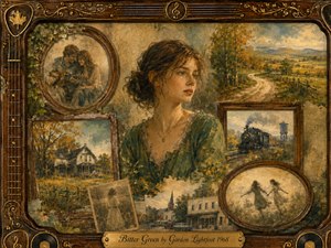 A wistful young woman in a deep green dress stands amid layered country memories of autumn roads, an old farmhouse, a steam train, small-town streets, and tender romance. Warm amber, olive, and sepia tones glow beneath soft nostalgic light, rendered in textured painterly strokes and enclosed by an ornate wood-and-gold musical frame.