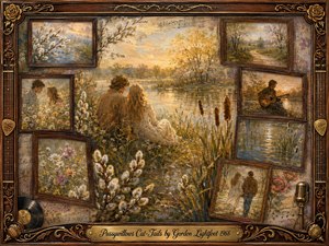 A nostalgic lakeside collage glows with soft golden evening light, centering a young couple seated among cattails, pussywillows, and wildflowers. Vintage rosewood frames surround tender pastoral memories, an acoustic guitarist, and reflective water scenes. Warm browns, cream, amber, and muted greens create a romantic, impressionistic atmosphere enriched by musical details and ornate gold accents.