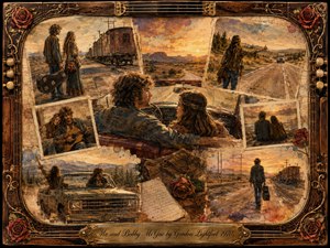A nostalgic mixed-media collage follows two young travelers through highways, railways, open country, and tender moments of companionship. Warm amber, rust, brown, muted blue, and sunset peach create a wistful mood. Oil, acrylic, and watercolor textures blend faded memories within ornate rosewood, gold, guitar-string, map, and rose details.