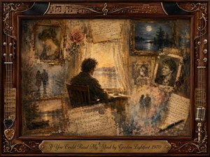 A solitary man sits beside a glowing window, surrounded by faded portraits, handwritten letters, roses, moonlit landscapes, and fragments of sheet music. Warm amber, sepia, and smoky blue tones create a wistful, introspective mood. Layered oil, acrylic, and watercolor textures evoke memories dissolving gently into time.