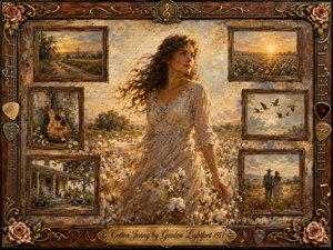 A windswept young woman in a flowing cream dress stands amid glowing cotton fields, surrounded by framed rural memories of roads, sunsets, guitars, birds, a farmhouse, and companionship. Warm amber, gold, brown, and muted blue tones create a tender nostalgic mood, while ornate rosewood, roses, guitar strings, and musical details frame the painterly collage.