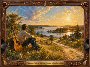 A reflective guitarist rests on a sunlit hillside overlooking a winding country road, shimmering lake, islands, and distant hills beneath a glowing summer sky. Warm gold, amber, blue, and green tones create a nostalgic, peaceful mood. Painterly textures, wildflowers, acoustic guitar details, ornate rosewood framing, and musical inlays enrich the scene.