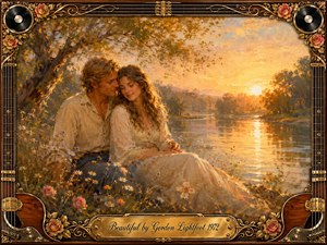 A tender couple rests beside a glowing lakeshore beneath a sprawling autumn tree, surrounded by wildflowers and warm sunset reflections. Rich gold, amber, cream, and rose tones create a romantic, nostalgic mood in a soft impressionistic oil-paint style. Ornate guitar-string framing, roses, records, and an engraved title plate complete the composition.