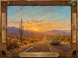 A vintage car travels a long desert highway toward glowing mountains beneath a luminous sunset sky. Warm gold, amber, dusty violet, and turquoise create a nostalgic, carefree mood in richly textured oil-paint style. A handcrafted wood-and-metal frame incorporates guitar strings, highway signs, decorative picks, and an engraved title plate.
