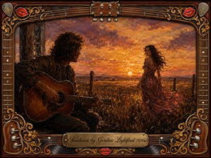 A shadowed guitarist watches a mysterious woman across a windswept prairie as the sun sinks beneath glowing amber and violet clouds. Rich oil-paint textures, warm copper light, and deep earthy shadows create a romantic yet uneasy mood. An ornate rosewood, gold, guitar-themed frame surrounds the scene, with an engraved title plate.