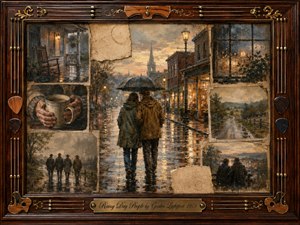 A nostalgic painted collage centers on two companions walking beneath an umbrella along a rain-soaked small-town street. Warm amber shop lights shimmer across wet pavement beneath gray skies, creating a tender, reflective mood. Faded rural memories surround the scene, framed by dark rosewood, guitar strings, picks, gold inlay, and an engraved title plate.