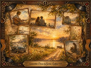 A nostalgic summer collage surrounds a glowing lakeside sunset, with framed memories of lovers, music, travel, wildflowers, sailing, and quiet reflection. Warm amber, gold, and faded blue tones create a dreamy vintage mood. Painterly textures, soft light, ornate musical borders, and the engraved title plate evoke treasured memories.