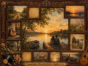 A nostalgic rosewood collage frames a golden summer lakeside sunset, where a young couple sits quietly on a weathered dock beside a small boat. Warm amber, copper, green, and faded blue tones glow across romantic oil-painted memories of country roads, wildflowers, cabins, guitars, roses, records, and peaceful shoreline scenes.