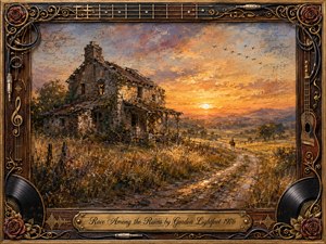A weathered stone farmhouse overlooks a winding country road beneath a glowing amber sunset, evoking reflection, endurance, and fading history. Rich oil-paint textures blend gold, rust, blue, and earthy brown tones, while a lone distant rider adds solitude. An ornate musical frame of guitars, records, roses, cables, and brass surrounds the nostalgic scene.