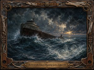 A massive freighter battles towering, steel-blue waves beneath a turbulent night sky, evoking isolation, danger, and solemn remembrance. Dramatic oil-paint textures emphasize foaming water, storm clouds, and faint golden light on the horizon. A weathered wood-and-metal frame, nautical ropes, instruments, and an engraved brass title plate complete the maritime memorial.