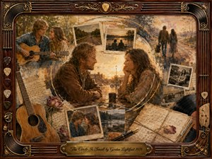 A nostalgic mixed-media collage portrays two former lovers meeting across a table, surrounded by faded photographs, handwritten letters, roses, roads, lakes, and an acoustic guitar. Warm sepia, amber, and muted blue tones glow in golden sunset light. Painterly textures, circular motifs, and an ornate musical frame deepen the tender, reflective mood.