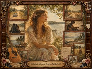 A wistful young woman sits beside a sunlit northern lake, surrounded by framed memories of country roads, quiet shores, romance, and acoustic music. Warm amber, cream, and rose tones glow through painterly textures. An ornate rosewood-and-gold frame, guitar strings, records, roses, and an engraved title plate deepen the nostalgic mood.