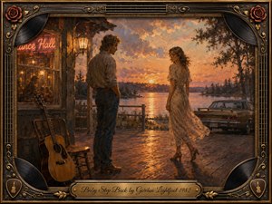 A wistful lakeside farewell unfolds at sunset as a man watches a woman step away beside a rustic dance hall. Warm amber, copper, and dusky blue tones glow across water and wet boards. Painterly oil textures, an acoustic guitar, vintage car, roses, records, and ornate musical framing create nostalgic romantic melancholy.