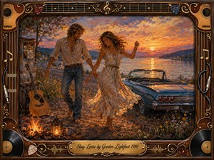 A carefree couple dances beside a lakeside road at sunset, surrounded by a vintage convertible, acoustic guitar, lantern, campfire, and wildflowers. Warm gold, coral, blue, and violet tones create a relaxed romantic mood. Expressive oil-paint textures, glowing reflections, drifting musical notes, and an ornate music-themed frame deepen the nostalgic atmosphere.