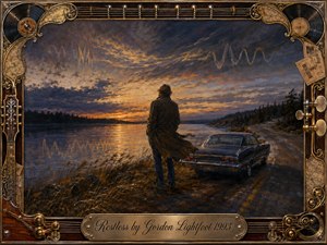 A solitary traveler stands beside a vintage car on a winding lakeside road, gazing into a turbulent sunset of amber, gold, blue, and charcoal. Rich painterly textures create a restless, reflective mood. An ornate rosewood-and-brass frame woven with guitar strings, records, maps, and tickets completes the nostalgic musical composition.