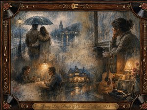 A warmly textured rainy-day collage shows a couple beneath an umbrella, a thoughtful woman by a window, friends sharing conversation, and a glowing home beside an acoustic guitar and record player. Muted blues, browns, and amber light create a tender, reflective mood, framed with roses, vinyl records, musical details, and an engraved title plate.
