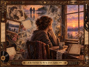 A solitary woman sits beside a glowing sunset window, surrounded by fading photographs, handwritten letters, roses, and an acoustic guitar. Warm amber, rose, and violet tones create a tender, reflective mood. Painterly textures blend oil and watercolor effects, while the ornate rosewood-and-gold musical frame reinforces themes of memory, love, and longing.