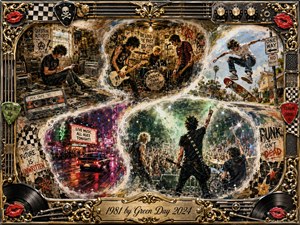 A turbulent punk-rock collage captures youthful rebellion across rehearsal rooms, suburban streets, neon nightlife, and a roaring concert stage. Warm golds, gritty blacks, electric reds, and cool blues collide under dramatic lighting. Painterly textures, graffiti, guitars, records, and vintage memorabilia surround energetic figures, framed by ornate chrome-and-gold musical details.
