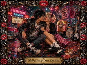 A young punk couple lean together affectionately in a neon-lit drive-in club, surrounded by confetti, guitars, drums, posters, and a glowing jukebox. Saturated reds, pinks, teal, black, chrome, and gold create romantic energy. Expressive acrylic textures and luminous reflections fill the scene, framed by roses, lips, musical hardware, and ornate metalwork.