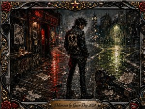 A lone punk figure stands at a rain-soaked city crossroads, surrounded by crumbling streets, glowing red and green reflections, discarded papers, and a battered guitar case. Dark, textured oil-paint styling creates a conflicted, restless mood, while ornate chrome-and-gold framing, roses, microphones, records, and a scripted title plate add theatrical detail.