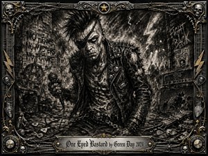 A fierce one-eyed punk rocker dominates a ruined urban stage, gripping a battered microphone amid graffiti, broken speakers, cables, and scattered guitar debris. Deep charcoal blacks and smoky grays create a hostile, rebellious mood, sharpened by dramatic highlights. An ornate chrome-and-gold frame with skulls, wire, and music hardware completes the gritty composition.