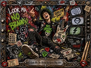 A laughing punk guitarist sprawls amid a chaotic graffiti-covered basement scene, radiating reckless, comic rebellion. Acid green, red, black, yellow, and chrome explode through splattered acrylic textures, torn flyers, televisions, speakers, picks, and cables. An ornate metallic music-themed frame surrounds the energetic composition, finished with an engraved title plate.