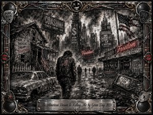 A lone punk figure walks through a ruined American city beneath smoky gray skies, surrounded by decaying storefronts, propaganda billboards, tattered flags, and abandoned cars. Deep charcoal textures dominate, punctuated by muted red neon. An ornate metal frame of speakers, cables, picks, and gold accents reinforces the bleak, rebellious, dystopian mood.
