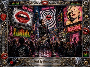 A defiant punk guitarist stands amid a neon-soaked urban spectacle, surrounded by hypnotic billboards, speakers, red lips, and shadowed crowds. Vivid reds, pinks, yellows, blues, and chrome reflections create an electric, satirical mood. Textured acrylic brushwork, wet pavement, dramatic lighting, and an ornate gold-and-chrome musical frame intensify the rebellious energy.
