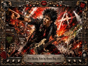 A fierce punk guitarist lunges across a chaotic concert stage, surrounded by flames, pounding drums, roaring crowds, and explosive red, black, white, and orange textures. Harsh spotlights intensify the rebellious energy. Painted in gritty mixed-media style, the ornate metallic frame features strings, knobs, picks, lips, and an engraved title plate.