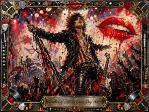 A flamboyant punk-rock singer commands a chaotic concert stage, gripping a microphone amid roaring crowds, guitars, drums, and explosive red-and-gold imagery. Glossy crimson lips dominate the backdrop, while dramatic spotlights and painterly textures heighten the rebellious energy. An ornate chrome-and-gold frame, decorated with musical details, surrounds the vivid composition.