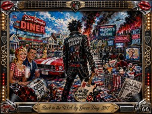 A rebellious punk figure stands between glossy retro Americana and a city descending into smoke, riot police, media noise, and consumer excess. Saturated reds, whites, blues, chrome, and gold create dramatic contrast. Energetic acrylic textures, neon signage, vintage cars, televisions, scattered debris, and an ornate rock-themed frame sharpen the satirical mood.