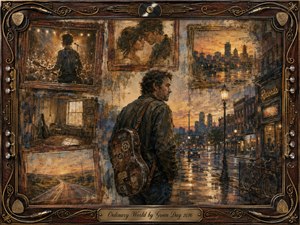 A solitary musician carrying a weathered guitar case walks through a rain-slicked city street at dusk, surrounded by framed memories of love, performance, home, and open roads. Warm amber light contrasts with muted blues and browns, creating a tender, reflective mood. Painterly textures, vintage details, and ornate musical framing evoke nostalgia and quiet longing.