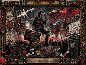 A rebellious singer broadcasts from a gritty city rooftop, gripping a vintage microphone beside a battered radio as crowds raise their hands below. Red, black, white, and metallic tones dominate the dramatic acrylic-style scene, energized by glowing sound waves, graffiti, speakers, cables, vinyl, and an ornate music-themed frame.