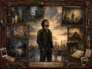 A solitary punk-rock figure stands against a glowing city sunrise, surrounded by framed memories of rainy streets, quiet rooms, concerts, companionship, and survival. Warm gold, deep charcoal, rust, and crimson dominate the textured mixed-media style. Rosewood, guitar strings, roses, photographs, and ornate metalwork form a nostalgic, resilient frame.