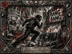 A lone masked runner charges through a chaotic urban night filled with riot silhouettes, torn posters, speakers, searchlights, and explosive graffiti. Deep feathered charcoal creates a gritty, urgent mood, sharpened by vivid red accents and stark white highlights. An ornate chrome, gold, wire, and riveted frame surrounds the rebellious punk-rock scene.