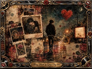 A solitary punk figure walks down a rain-slicked city street beneath a glowing broken heart, while faded photographs of romance, roses, and carnival lights drift through the scene like memories. Deep reds, black, bronze, and smoky gold create a bittersweet mood, framed by ornate guitars, records, roses, lips, and metallic rock-and-roll details.