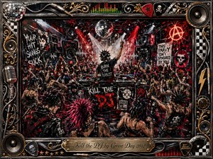A chaotic punk nightclub erupts around a defiant DJ, surrounded by dancing crowds, towering speakers, turntables, graffiti, and a glittering disco ball. Fiery reds, blacks, silver, and neon highlights dominate the textured acrylic style. Harsh spotlights cut through the frenzy, while an ornate music-themed frame reinforces the rebellious energy.
