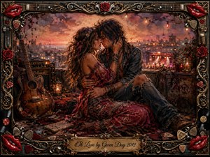 A bohemian couple embraces on a rooftop above a glowing city and distant concert stage, surrounded by guitars, roses, candles, and scattered keepsakes. Warm amber, crimson, and smoky violet tones create a passionate, nostalgic mood. Rich painterly textures blend oil and watercolor effects within an ornate musical frame.