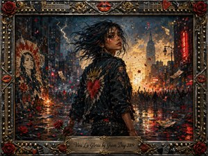 A defiant young woman stands in a rain-slick city street amid smoke, fire, torn posters, and a distant cheering crowd. Deep blues, charcoal blacks, crimson reds, and glowing gold light create a rebellious yet hopeful mood. Rich painterly textures, flying rose petals, graffiti, and an ornate metallic music-themed frame intensify the dramatic composition.