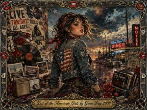 A defiant young woman in a weathered American-flag jacket stands on a rain-slicked diner street at sunset, surrounded by roses, vinyl records, posters, radios, and vintage cars. Rich reds, blues, golds, and smoky grays glow beneath dramatic storm light, framed by ornate guitar strings, chrome flourishes, and bright red lips.