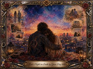 A young couple embraces on a rooftop overlooking a glowing city at twilight, surrounded by faded romantic memories and starry watercolor skies. Warm amber, rose, violet, and deep blue tones create a tender, nostalgic mood. Painterly textures, lantern light, roses, a guitar, and an ornate music-themed frame enrich the intimate composition.