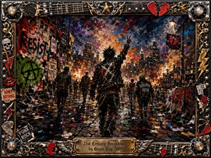 A defiant punk figure strides through a riotous city street, fist raised beneath a fiery, storm-streaked sky. Crowds, graffiti, torn posters, and glowing skyscrapers create an urgent rebellious mood. Thick acrylic-like textures blend black, red, gold, blue, and orange, framed by metallic guitar hardware, skulls, strings, and a brass title plate.