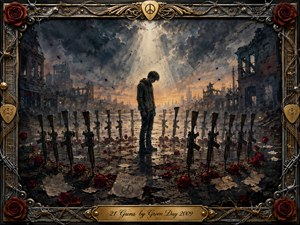 A lone young man stands bowed beneath a shaft of pale light in a ruined city street, surrounded by twenty-one planted rifles and scattered crimson roses. Smoky blues, charcoal grays, and warm amber highlights create a somber, reflective mood. Painterly textures, peace messages, wet pavement, and an ornate metallic musical frame reinforce themes of surrender and hope.