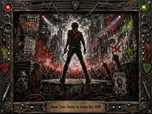 A defiant punk figure stands above a surging protest crowd in a gritty urban canyon, framed by graffiti, speakers, cables, barbed wire, and metal ornamentation. Harsh spotlights cut through smoky gray skies as vivid red, black, and green accents intensify the rebellious mood. Textured painterly details create raw, confrontational energy.